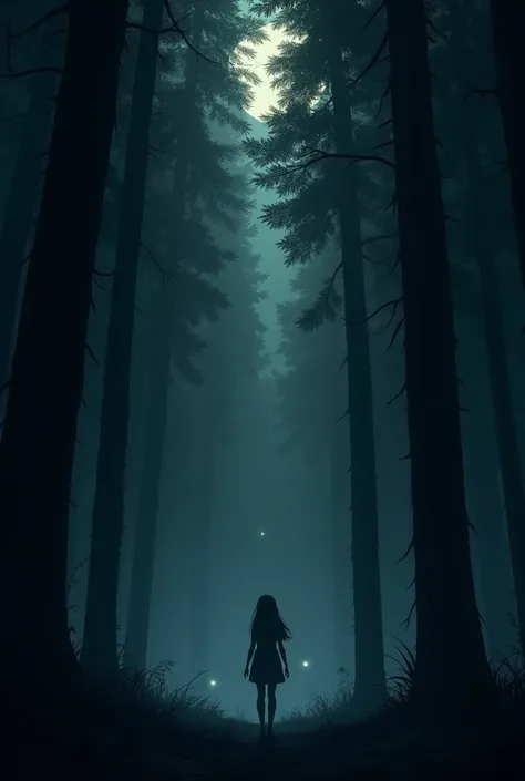 A dark and mysterious scene of a dense forest. The tall, leafy trees barely let the moonlight through., creating elongated shadows and intriguing shapes. The atmosphere is a little dark but beautiful., with low mist covering the ground and a few lights sof...