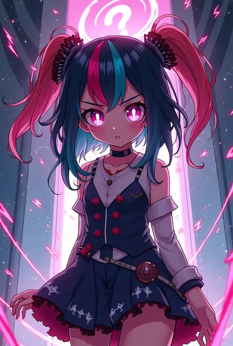 Vivid anime art style, original character from Danganronpa, striking hairstyle with vibrant, multicolored streaks, oversized expressive eyes gleaming with intense emotions, intricate outfit blending elements of high school fashion with unique personality t...