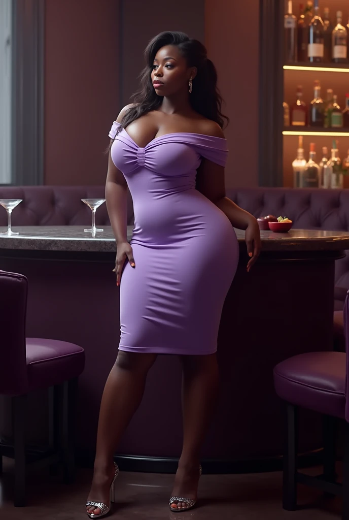 A curvaceous Black woman in a tight, lavender off-shoulder bodycon dress with subtle pleating details, paired with silver stiletto heels. Her hair is styled in a long, low ponytail. The setting is an upscale cocktail bar with dim lighting and velvet seatin...