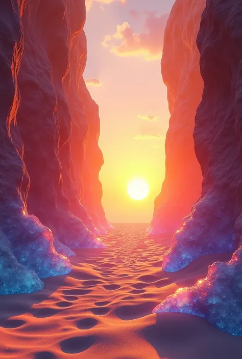 Ultra high resolution fantasy 3DCG art、A sunrise at Crystal Canyon in the sand dunes. The canyon walls are made of crystals that reflect sunlight., creating a rainbow of bright colors. The rays of the rising sun illuminate the crystals creating a spectacle...