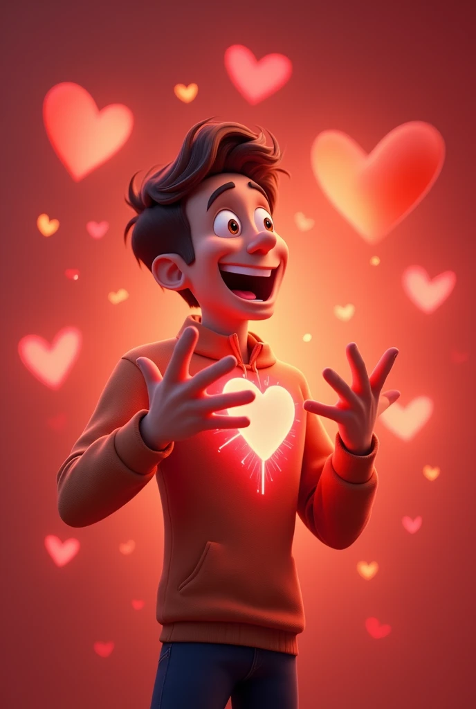 man animation, hearts in the background, calling someone, and heart coming out of the chest effect