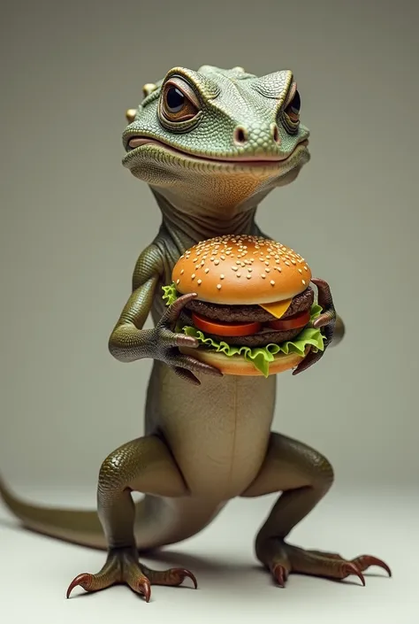 Realistic lizard with detectable face holding burger in hands 