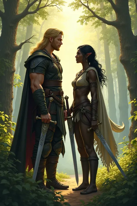 Create two male friends in a fantasy medieval world, both swordsmen but not yet knights, one of them is blond and the other is an elf with tied black hair and dark skin