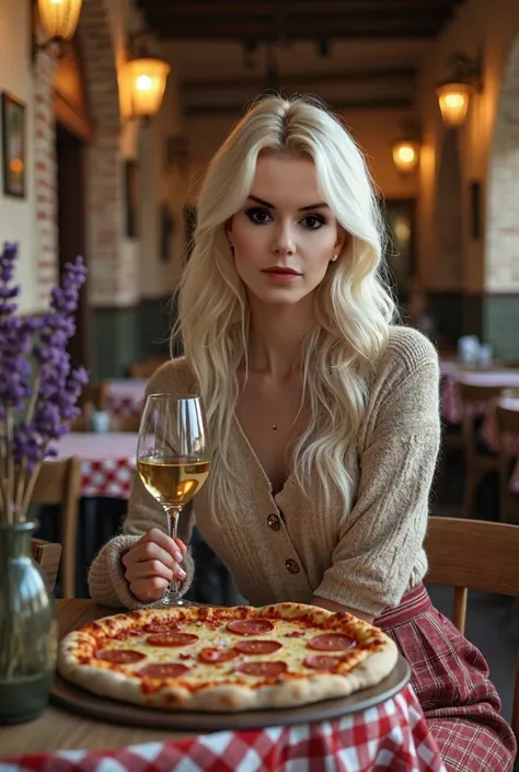 Young beautiful woman with platinum blonde long hair in autumn clothes sitting at the table in a pizzeria with a glass of white wine 