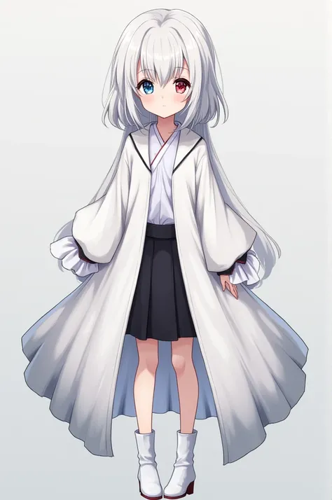 anime girl, white hair with gray gradient, Front strands longer than those in the back, Short Layered Back, fringe covering his forehead, white and soft skin, Her small but well-formed body highlights her thighs and breasts, eyes of different colors, The l...