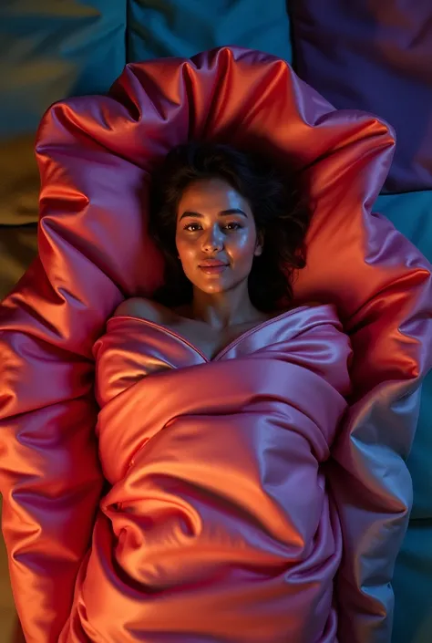 A woman is encased in a warm sleeping bag that is surrounded by walls of satim, the walls are made of soft, colorful satin that cover the borders of the picture and surronds the women. The walls are in an irregualr shape. A beautiful woman, dressed in a sh...