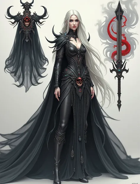 A half valkyrie half demon woman with long white hair, Blue eyes, White skin and a long black dress with gem chains and in her right hand a black sword with red and skulls