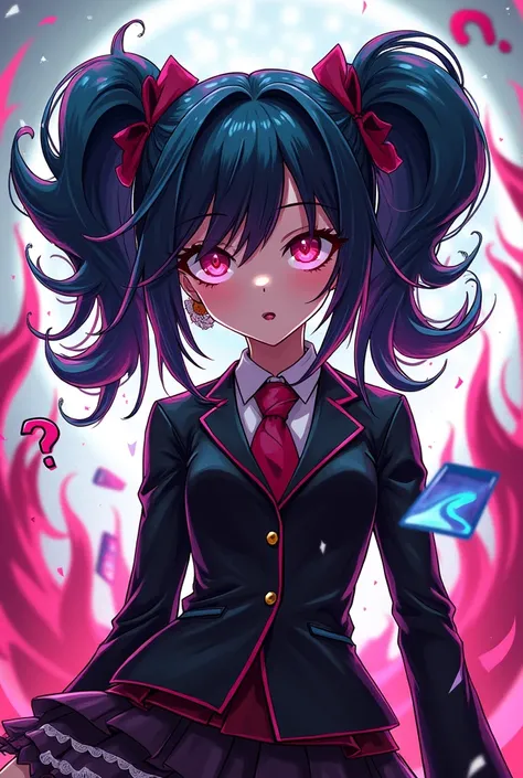 Vivid anime art style, original character from Danganronpa, striking hairstyle with vibrant, multicolored streaks, oversized expressive eyes gleaming with intense emotions, intricate outfit blending elements of high school fashion with unique personality t...