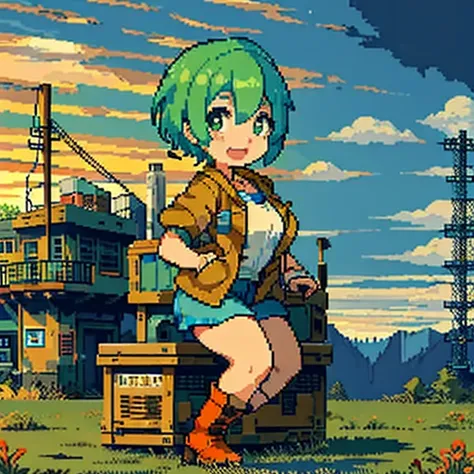 1 female, green hair, short hair, huge breast, thick legs, freckles, brown jacket, blue short, short short, worker clothes, worker, boots, machine place, sunset sky, happy face, sitting down, in the chair