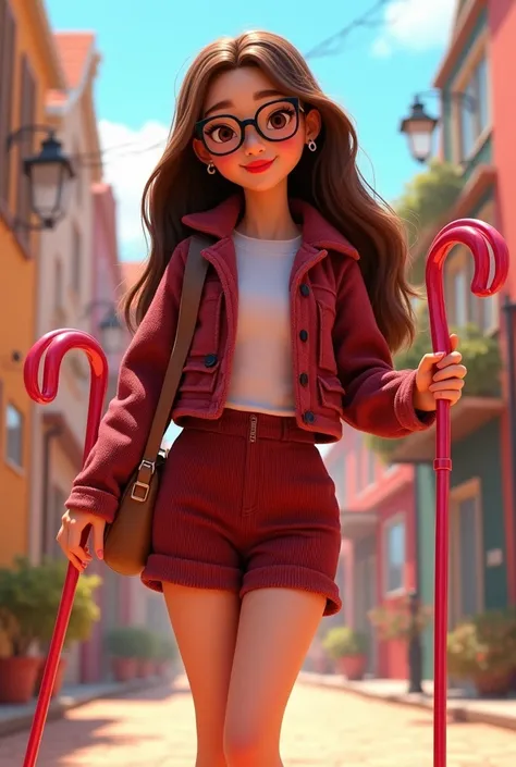 Pixar style image, woman long brown hair parted to the side brown eyes wears black glasses wears sneakers red lipstick short burgundy corduroy jacket and burgundy corduroy shorts with a high waist wears light pink Canadian walking sticks full body photo 