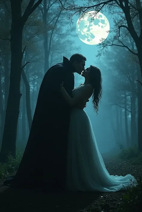 
Forest Ambush: In a dark, enchanted forest, a vampire emerges from the shadows, holding a woman in a delicate, ethereal gown. The scene is tense, with the moonlight through the trees as he bites her neck.
