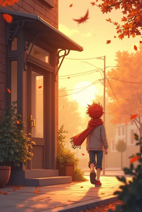 A boy anime version, with messy red hair,with glasses and a scarf arriving at his apartment on an autumn afternoon