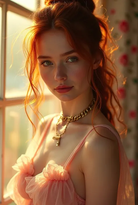 European girl, aged 26 years, Stands half sideways, long hair pulled back into a messy bun, hair color dark red, skin color pale white, smiles mysteriously,  bohemian look frame 1:2,  close-up just below the chest, empty space above head clothes: pastel co...