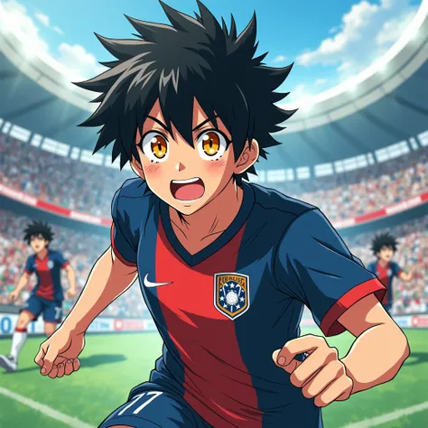 anime teen boy, bluelock Rensuke Kunigami, soccer uniform, black hair , orange eyes