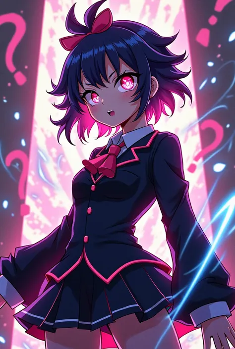 Vivid anime art style, original character from Danganronpa, striking hairstyle with vibrant, multicolored streaks, oversized expressive eyes gleaming with intense emotions, intricate outfit blending elements of high school fashion with unique personality t...