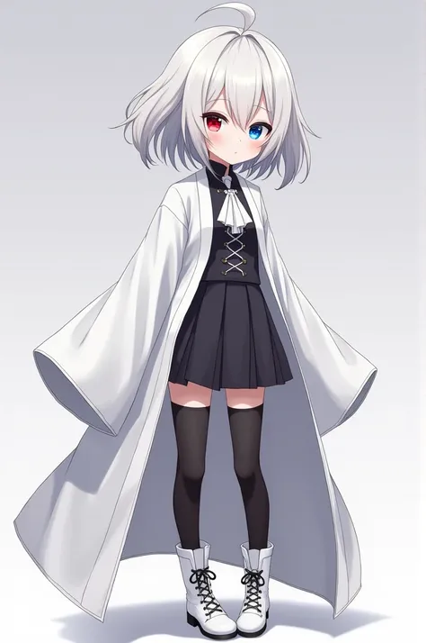  anime girl , white hair with gray gradient, Front strands longer than those in the back, Short Layered Back, fringe covering his forehead, white and soft skin, su cuerpo pequeño pero bien formado highlighting her thighs and breasts, eyes of different colo...