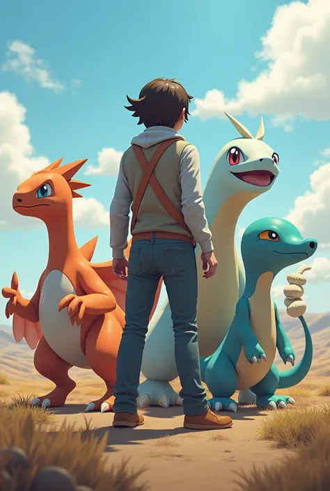 A Pokémon trainer with the Pokémon Charizard Hitmonchan Snorlax Lapras Dragonite Nidoking behind him 