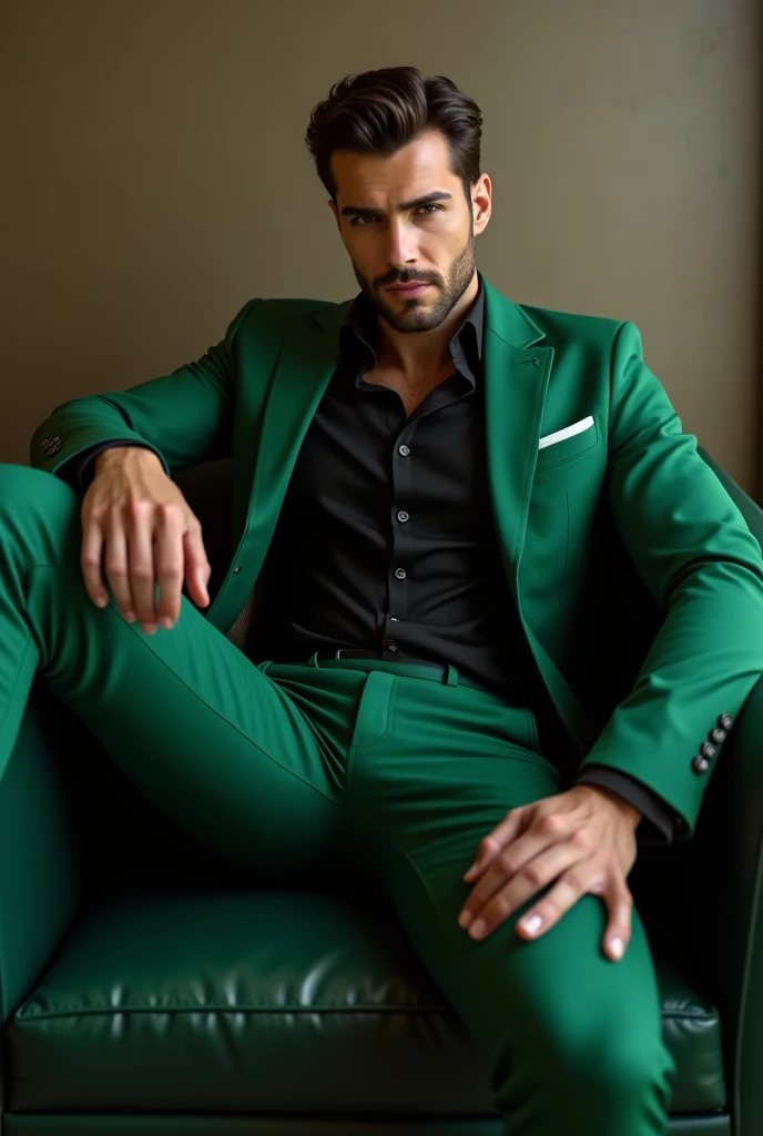 sexy man in green suit and black shirt with legs open