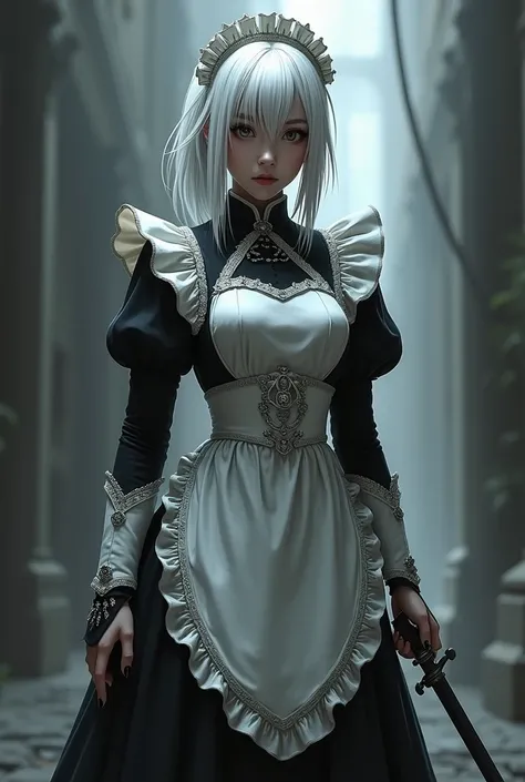 my devoted personal maid-bodyguard, professional warrior and assassin, underwear, White hair.