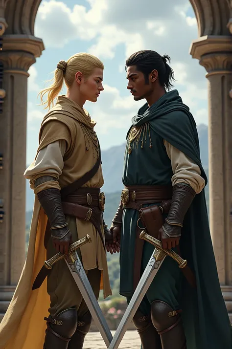 Create two friends in a medieval world, both men are swordsmen but not yet knights, one of them is blond and the other is an elf with tied black hair and dark skin