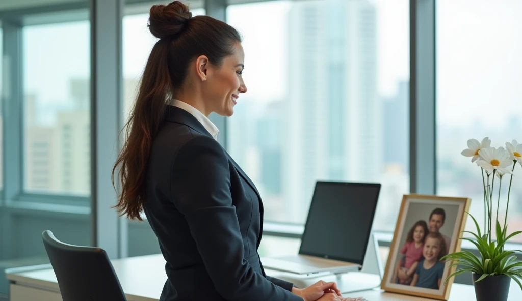 A realistic photo of a young woman in her early 30s with long, dark brown hair styled in a professional updo, confidently standing in her modern office. She is wearing a tailored business suit, smiling proudly while looking at a framed family photo on her ...