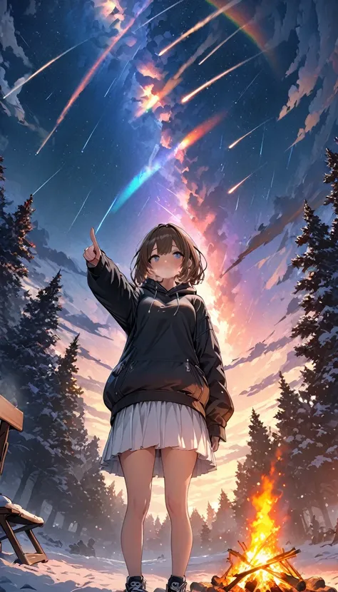 Girl having a bonfire,Stargazing,Black hoodie,White Skirt,Black sneakers,Very cold,winter,beautiful eyes,White breath comes out,Brown Hair,Short Bob,Smoke rises into the sky,Pointing at the sky,Rainbow Sky,night,Meteor Shower,masterpiece,Best Quality,Exqui...