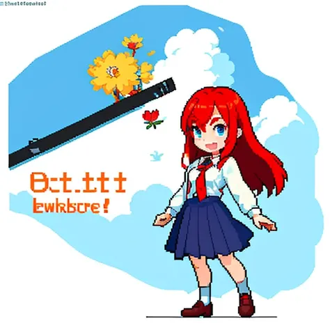 1 female, red hair, long hair, flower on her head, blue eyes, huge breast, teacher clothes, dress shirt, long sleeve dress shirt, red tie, long skirt, blue skirt, black shoe, in school, in classroom, happy face, ruler, teaching, glasses, open mouth