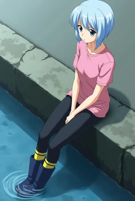 Anime girl, rei ayanami, light blue hair, emotionless, pink T-Shirt, black leggins, dark blue rubberboots with yellow stripe, sitting on quay wall,soaking one feet in knee deep water