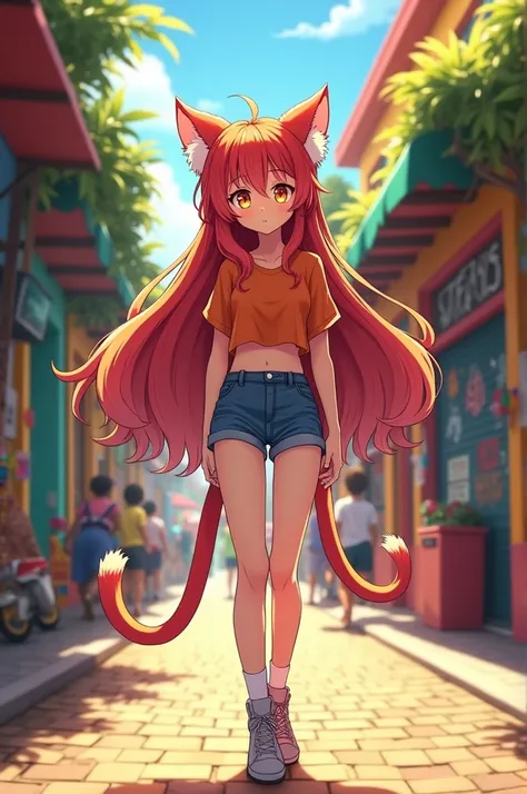 ### Anime Character Visual Elements 1. **species/chap**:
   - Nekomata Girl 2. **hair**:
   - Cor: Reds - Length: long, falling in waves to the waist - Texture: Silky and shiny 3. **eyes**:
   - Cor: Yellow as honey - Size: large and expressive, with a cap...