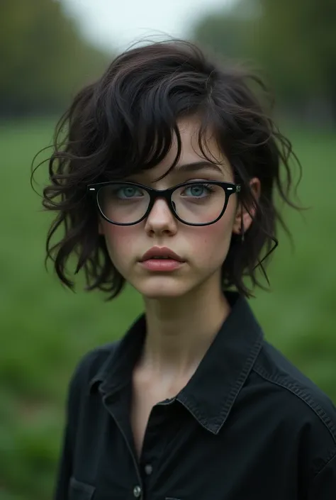 Punk girl with glasses and dark shirt., Blurred green grass and trees in the background, short brown hair, detailed face, High Quality, High resolution