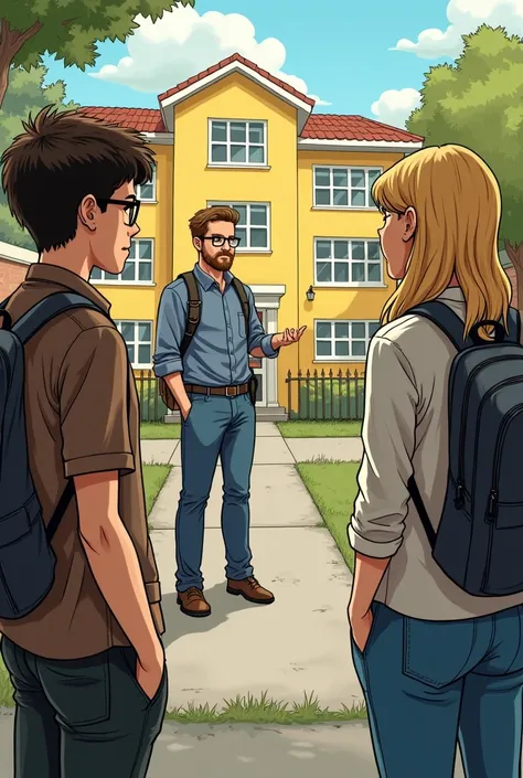 A male teacher with glasses and no beard stands outside a yellow school talking to a male student with glasses and a brown shirt and a female student with blond hair in a comic book perspective (
