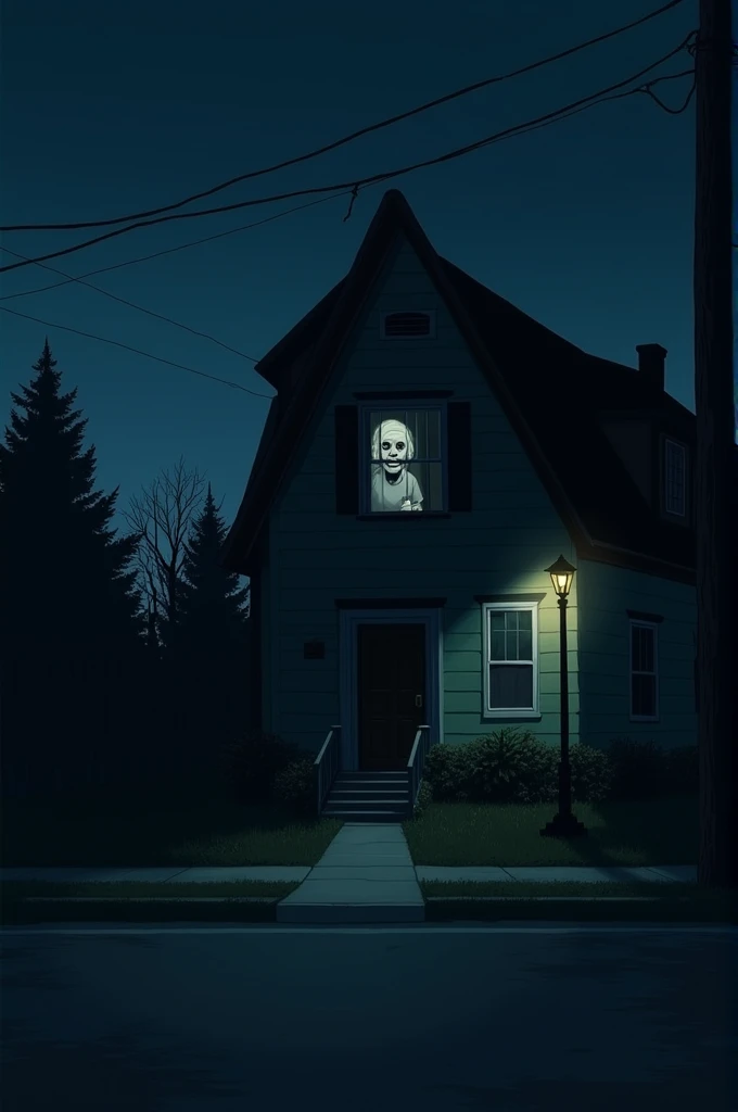 A dimly lit, eerie scene of a house at night. A figure with an unsettling smile and wide eyes peers from an open window, wearing a light-colored top. The home is surrounded by shadowy buildings, with a faint streetlight illuminating the asphalt road below....