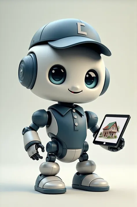 create a mascot, that it is a cute robot, with a dark blue polo style blouse, engineer&#39;s hat, holding a tablet with a structural design of a house open on the tablet