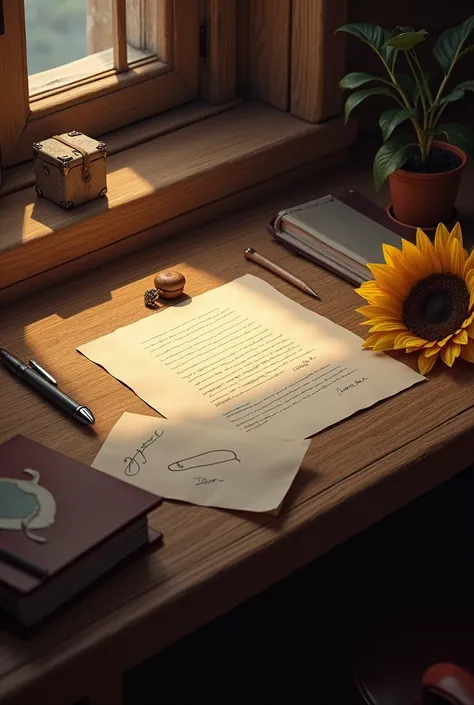 A wooden-colored desk in a Knights&#39; Headquarters, about him, lots of papers and pens, with a sunflower cut in half next to a letter