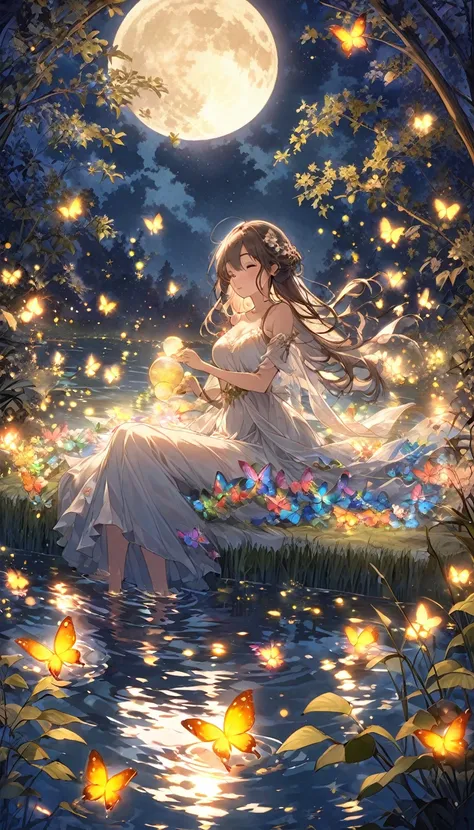 A serene scene of a woman gracefully bathing in a tranquil lake under the soft glow of a full moon, surrounded by a myriad of fluttering fireflies and vibrant, colorful butterflies dancing in the night air. Illuminated by the gentle moonlight and the flick...