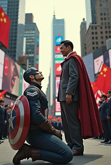 create an image of Captain American kneeling with an expression of defeat on his face looking up at a smiling victorious young Mao Tse Tung in Times Square with Chinese flags and people watching happily



