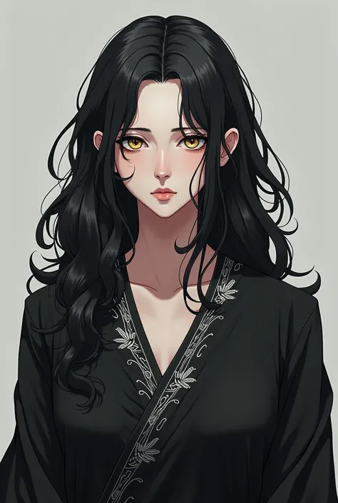 Anime style: Thanatos god of death with a very androgynous face , long dark wavy hair. He wears a black tunic with silver embroidery., your lips are round and angelic , your harmonious face, your thin body, a tired look