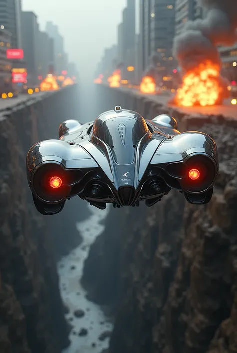 A fancy cybercar running away from explosions while flying over a giant trench