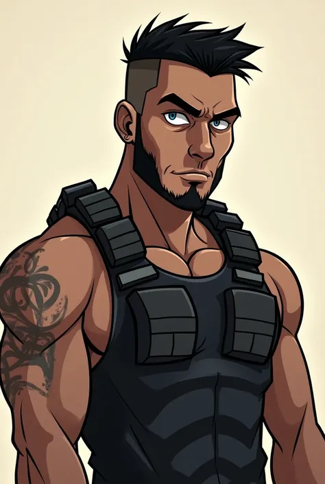 Create a cartoon style image:of a character he has black military clothes he has a small beard on his chin he has brown skin he has a scar and he is from the joke black hair with a cut on the sides 