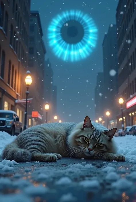 Dead old beautifull furry cat laying down dead on the street under snow infron of big, hige deep blue eye , details. Gure of a cat under tha snow. Warm electric Lights on a street