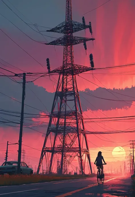 a girl is riding a bicycle, , Shorts, Road with power tower in the background, Inspired by Simon Stahlenhag, Nuclear Art, Red Sky, Anime aesthetics, Suburban, UFOlogy
