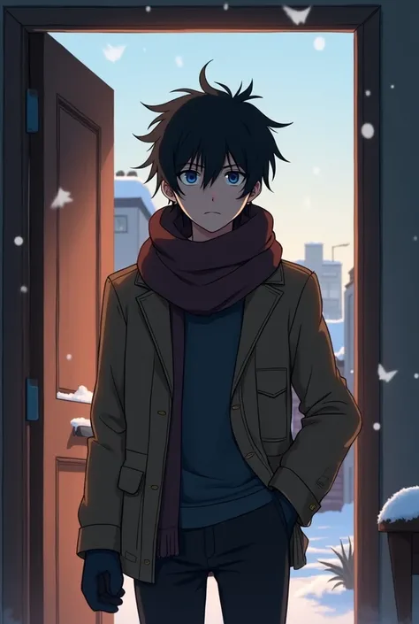 A young anime-style man with messy black hair, blue eyes, and a scarf, with a serious face, arrives at his apartment on a winter afternoon.