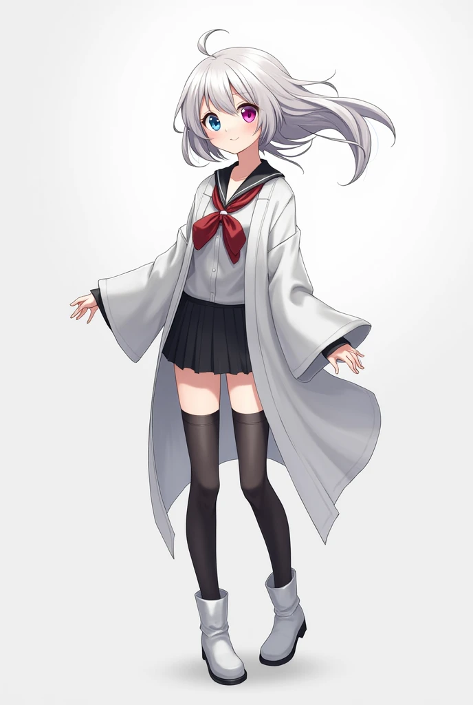 anime girl.
He has white hair with a gray gradient, Front strands longer than those in the back, Short Layered Back, fringe covering his forehead, white and soft skin, su cuerpo pequeño pero bien formado highlighting her thighs and breasts, eyes of differe...