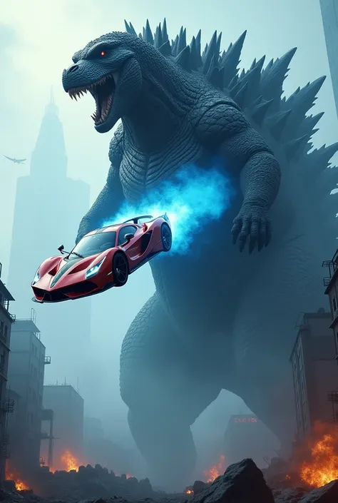 A fancy super car jumping through godzillas mouth. Godzillas upperbody is visible and he is about to breath blue fire