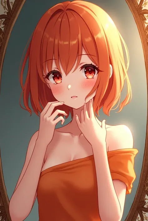 

 A beautiful anime girl with  short  orange hair. She has bright red eyes.  She is infront of a mirror.  She is brushing her hair , she is wearing an orange one arm top . 

