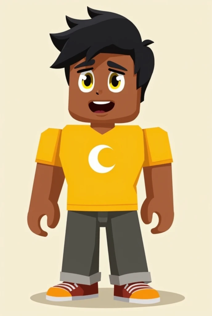 I want a male character with brown skin and short black hair, I want yellow eyes, a yellow shirt with a moon in the middle. Roblox Style