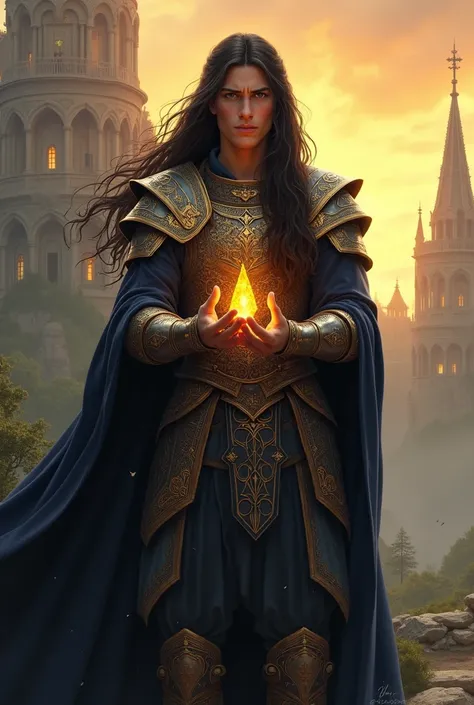 A young Fëanor, around 20 years old, stands tall and proud in the heart of Valinor, surrounded by the beauty of the Elven city. His long, dark hair flows behind him, and his intense, fiery eyes radiate passion and determination. He is dressed in finely cra...