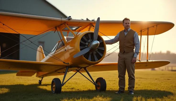 A detailed close-up of the Cri-Cri on a grassy airfield, with the sun shining brightly. The small, compact biplane is parked next to a hangar, with a proud amateur pilot standing beside it, showcasing the simplicity and accessibility of the aircraft. The a...