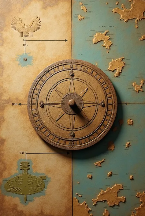 An ancient style sundial with a realistic texture, representing the 4th century, is placed in a historical timeline graphic, blending with a map of Borneo.