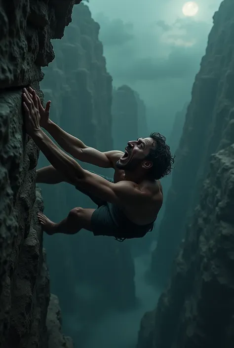 Create an intensely detailed, dark-themed image of a man in the final moments of his fall from an ancient, weathered temple edge into a deep, bottomless chasm below. Capture a close-up of his face, contorted in sheer terror, with his eyes wide open and his...